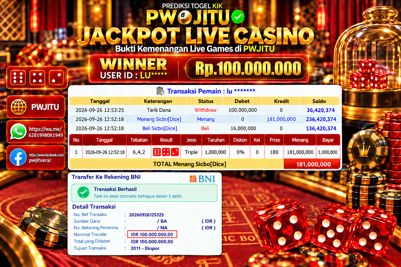 PWJITU JACKPOT Live Dealer Casino  Rp100.000.000,- LUNAS
