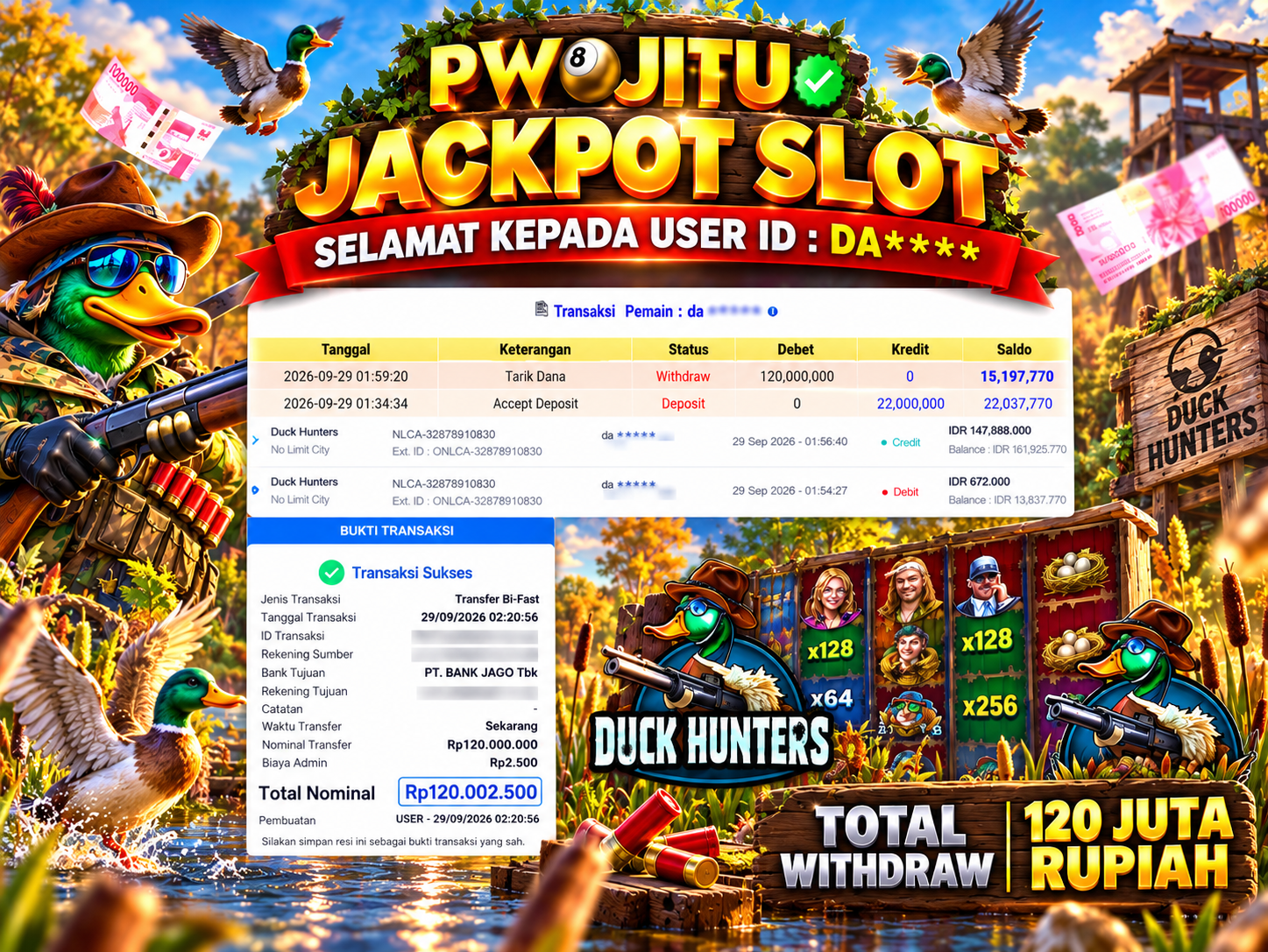 PWJITU JACKPOT SLOT Duck Hunters  Rp120.000.000,- LUNAS