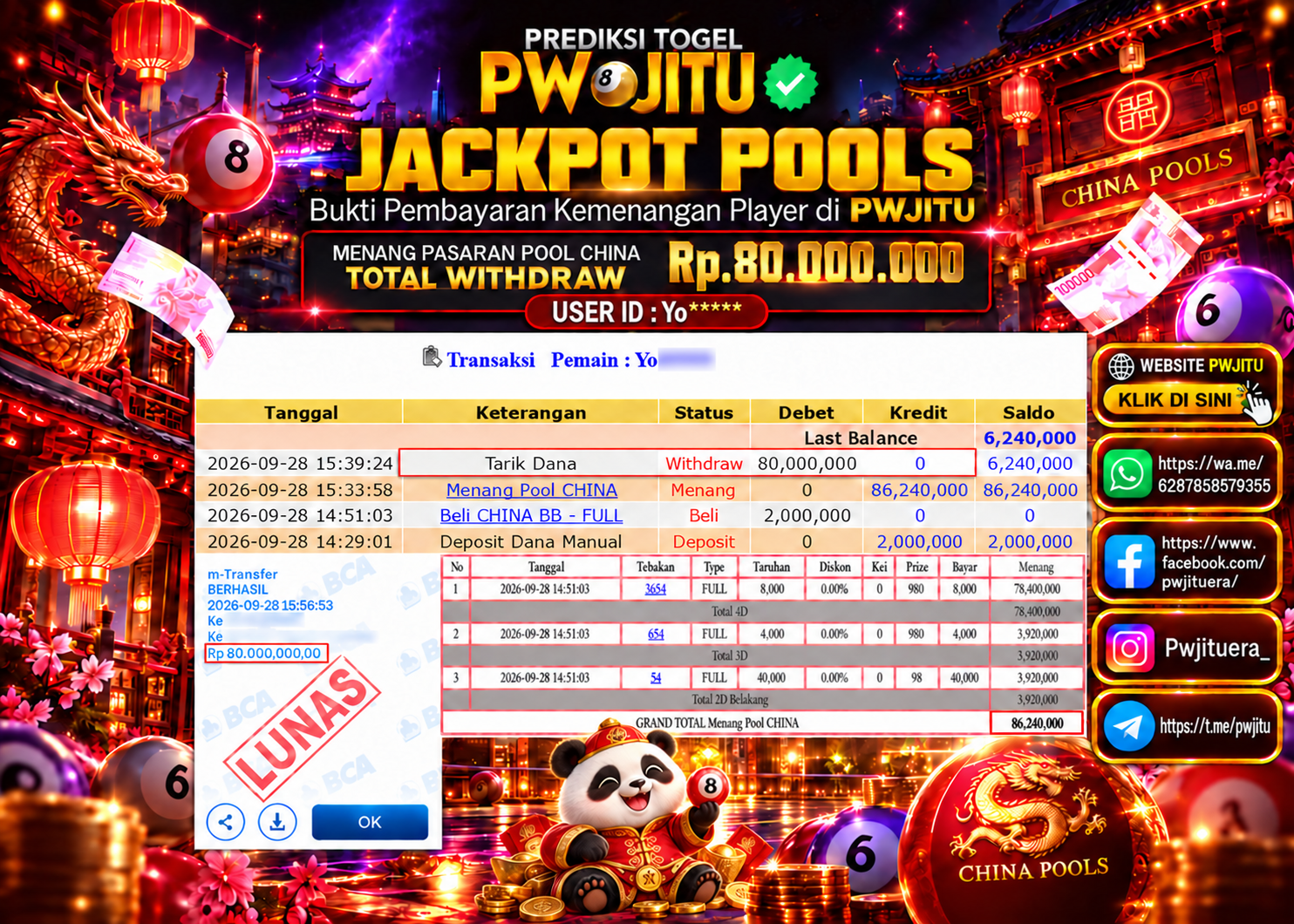 PWJITU JACKPOT  Pasaran CHINA POOLS   Rp80.000.000,- LUNAS
