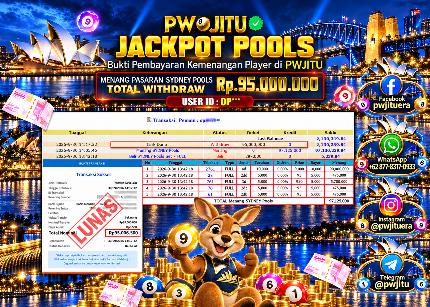 PWJITU JACKPOT  Pasaran SYDNEY POOLS  Rp95.000.000,- LUNAS