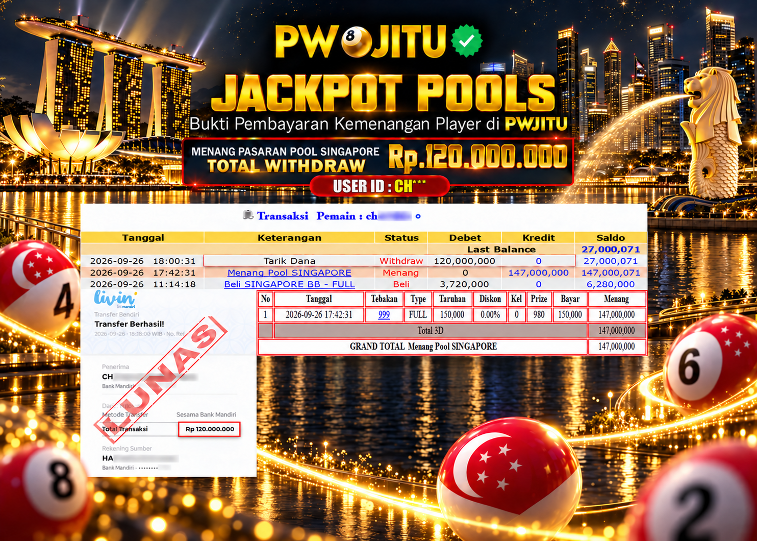 PWJITU JACKPOT  Pasaran SINGAPORE POOLS   Rp120.000.000,- LUNAS