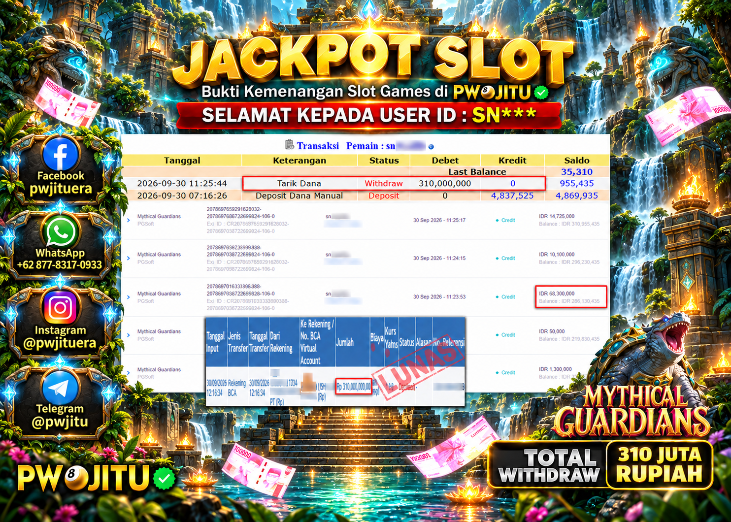 PWJITU JACKPOT SLOT MYTHICAL GUARDIANS  Rp310.000.000,- LUNAS