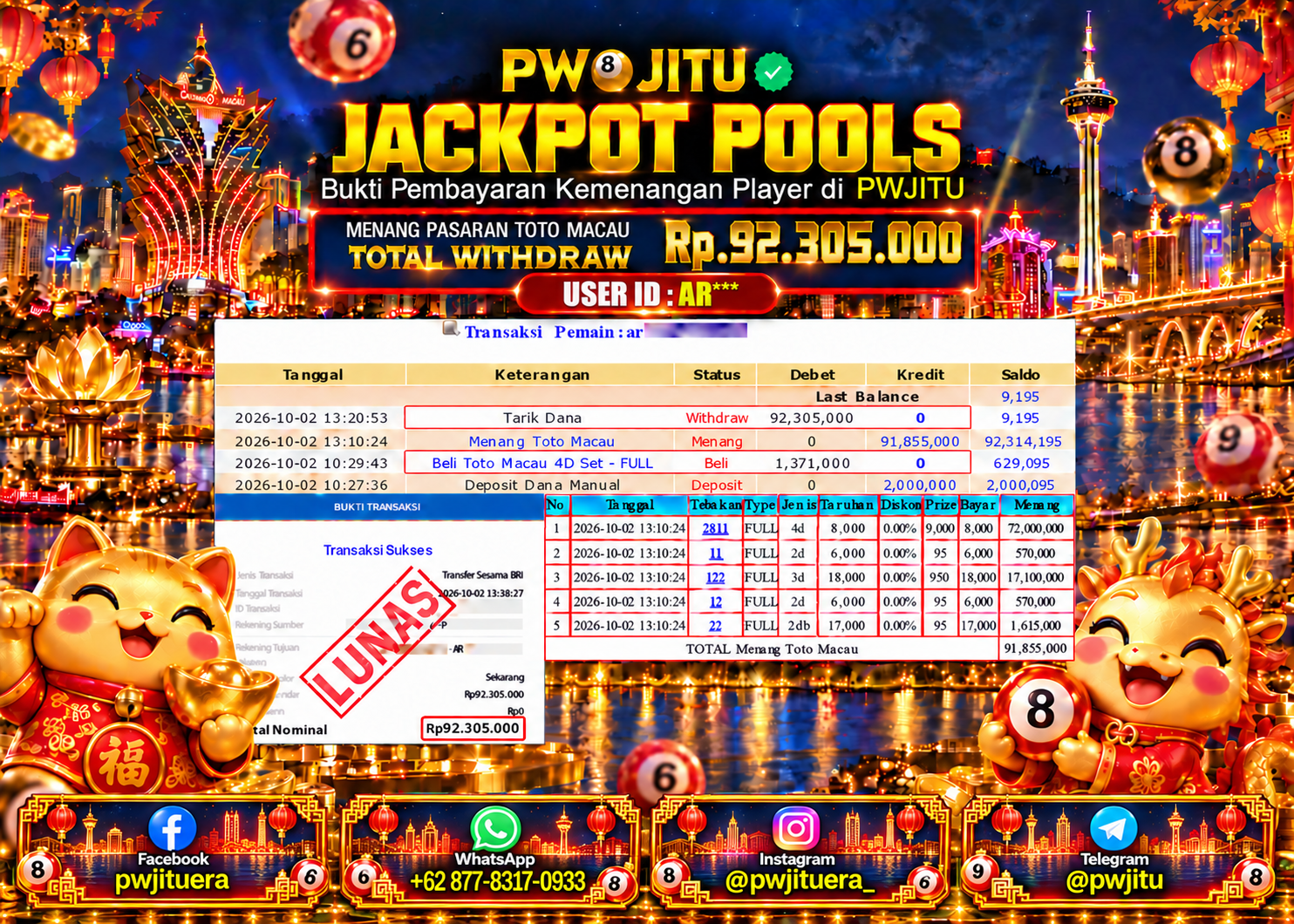 PWJITU JACKPOT  Pasaran Toto Macau 4D  Rp92.305.000,- LUNAS