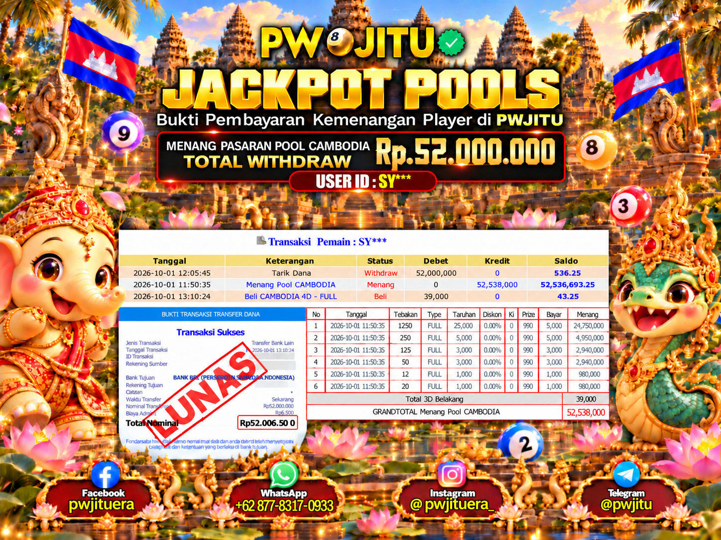 PWJITU JACKPOT  Pasaran CAMBODIA POOLS  RP52.000.000,- LUNAS