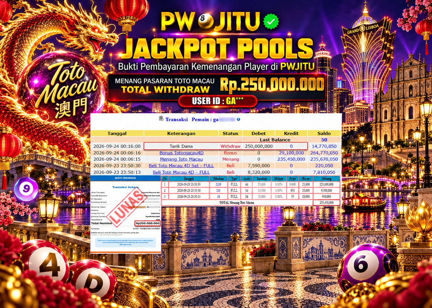 PWJITU JACKPOT Togel Toto Macau  Rp250.000.000,- LUNAS