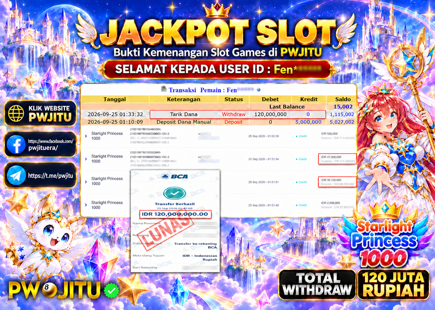 PWJITU JACKPOT SLOT STARLIGHT PRINCESS 1000 Rp120.000.000,- LUNAS
