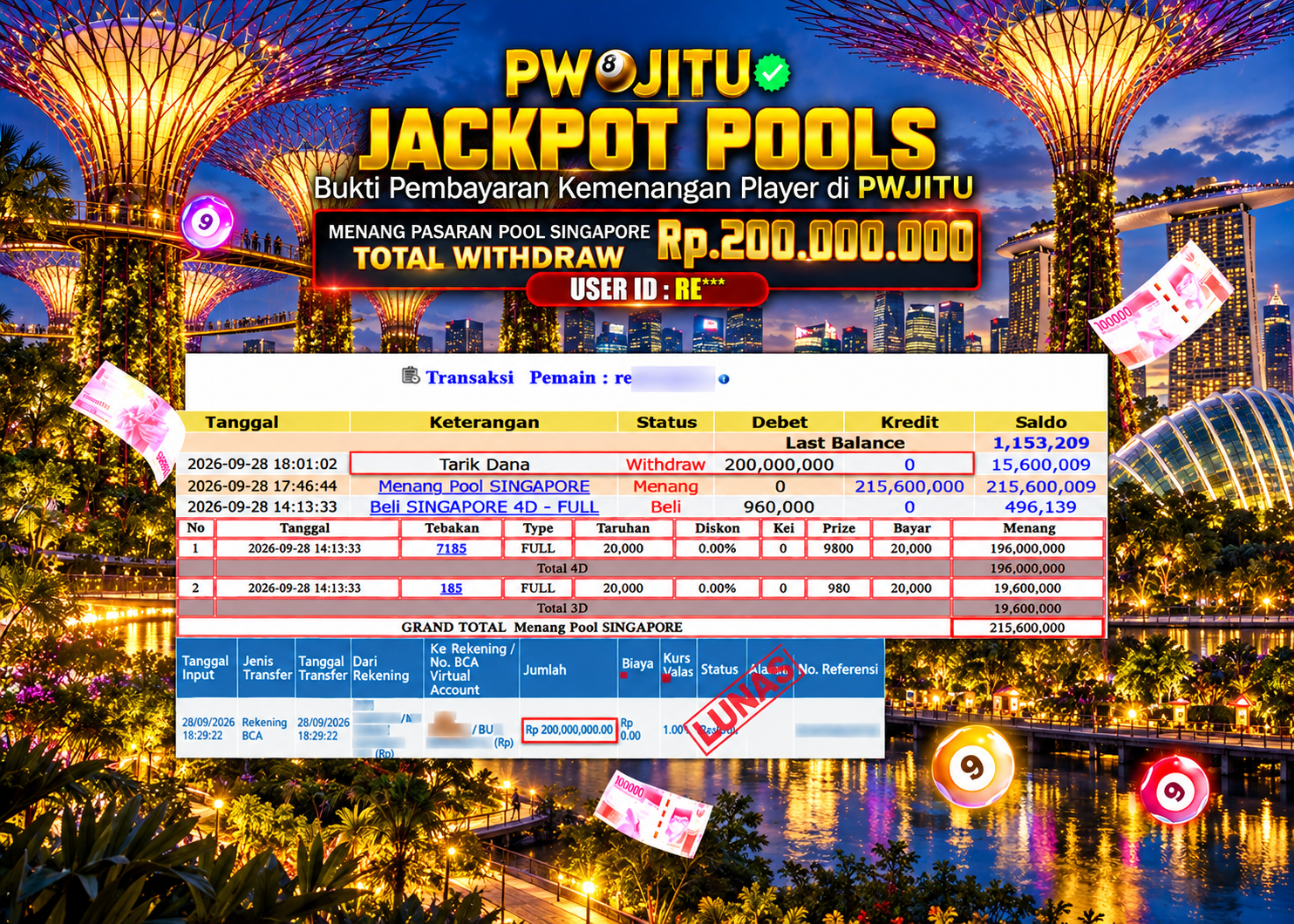 PWJITU JACKPOT  Pasaran SINGAPORE POOLS   Rp200.000.000,- LUNAS